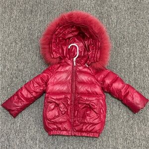 Pramie red coat. Size 18 months. Real down feathers. Real fur hood.